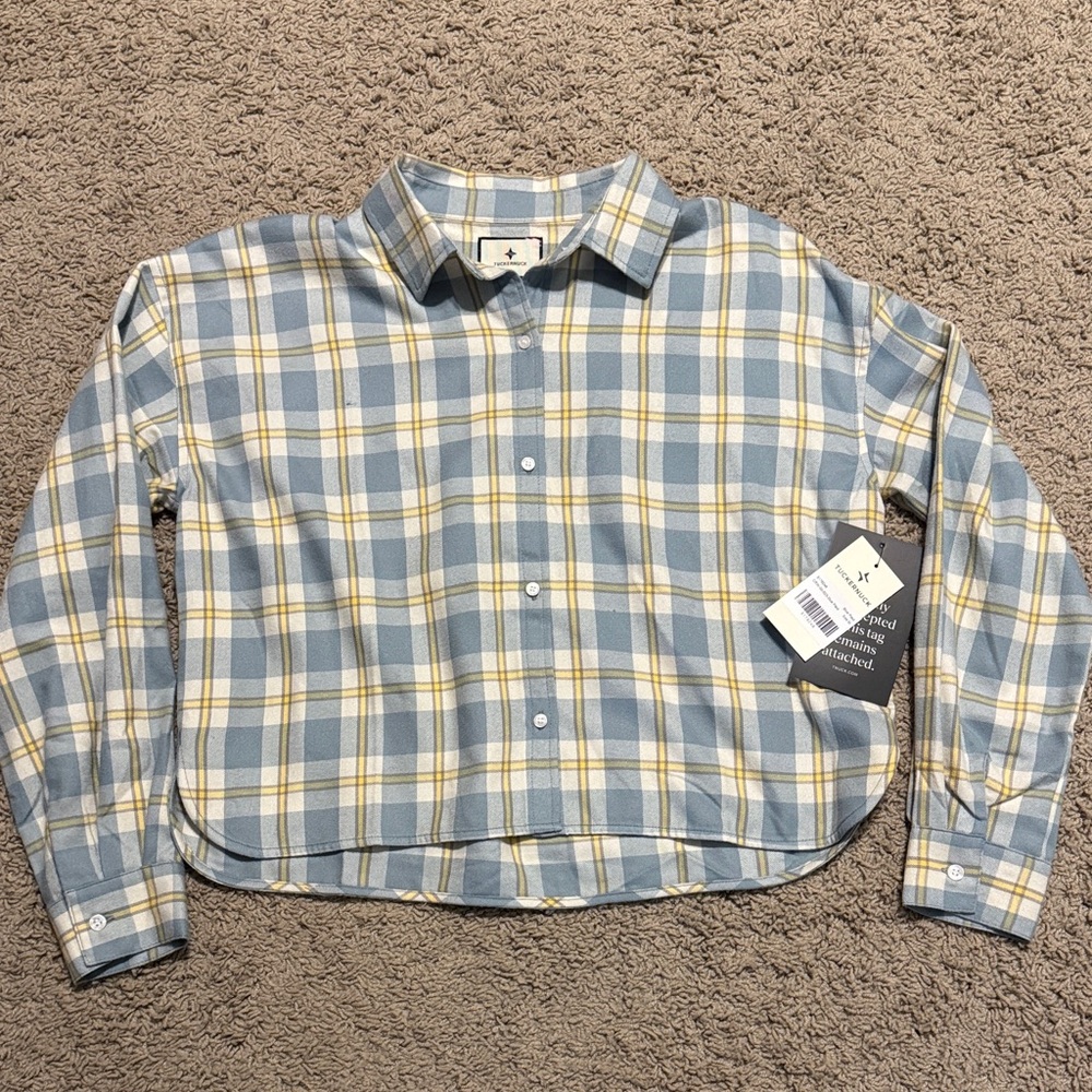 NWT Tuckernuck blue plaid Jasper cropped flannel button down, sz M